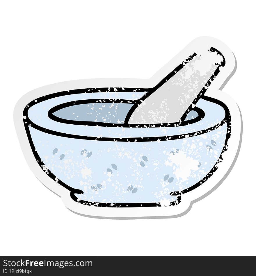 distressed sticker of a quirky hand drawn cartoon pestle and mortar