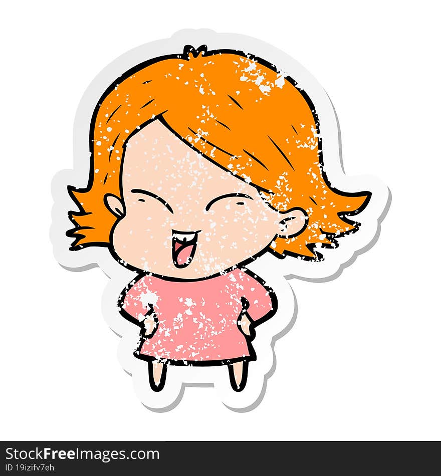 distressed sticker of a happy cartoon girl