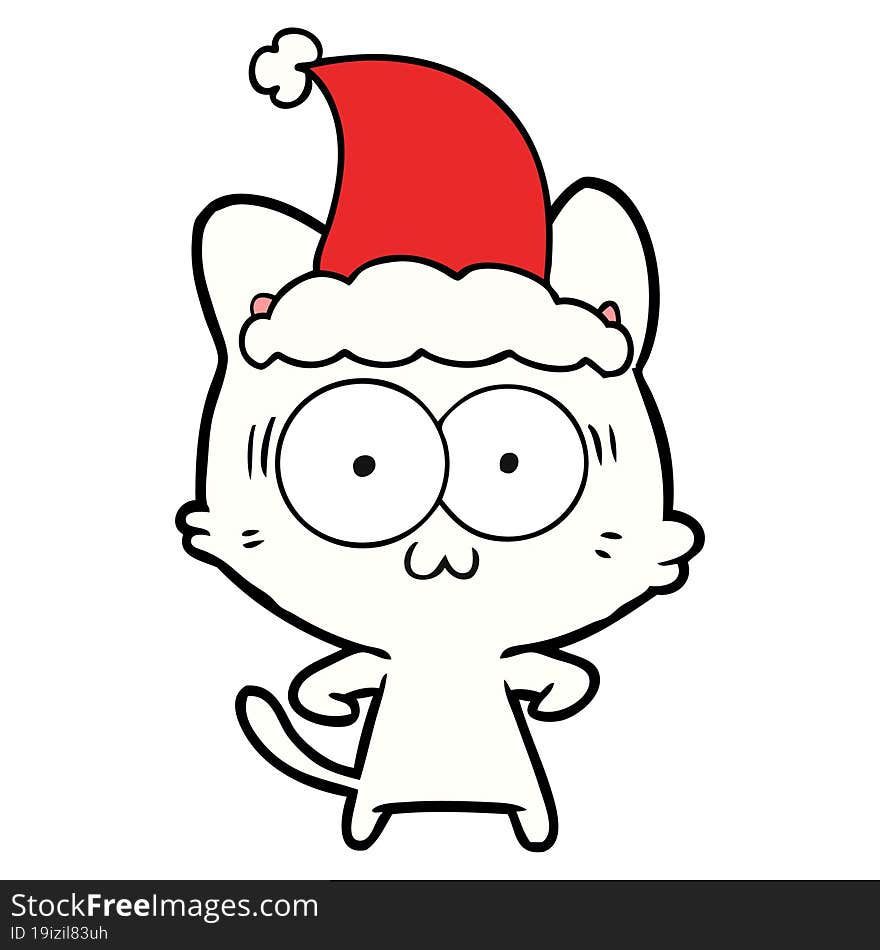 line drawing of a surprised cat wearing santa hat