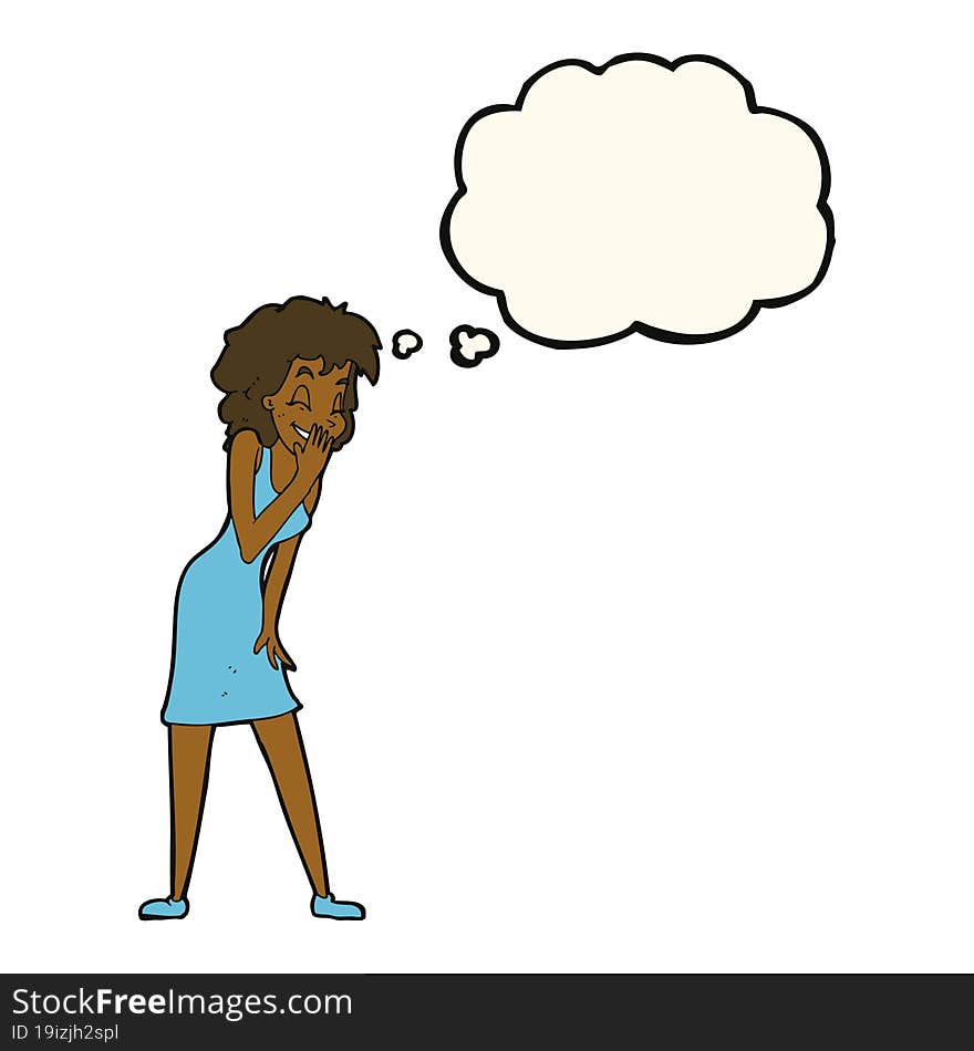 cartoon woman laughing with thought bubble