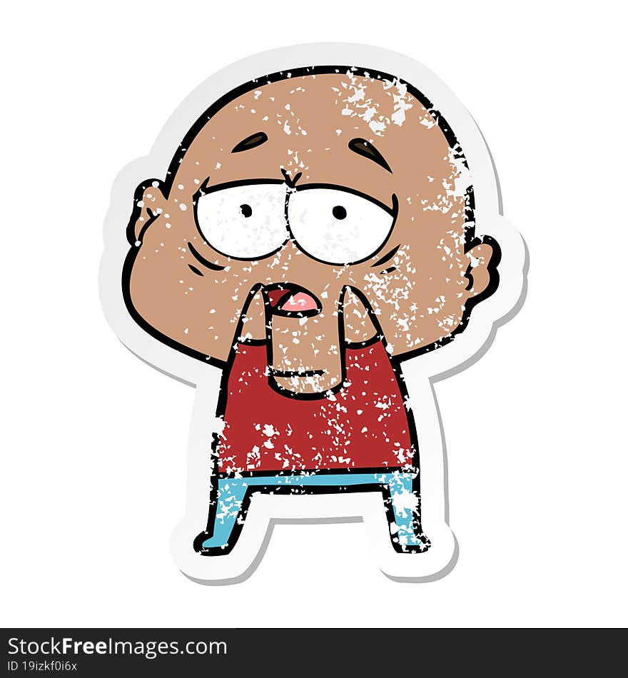 distressed sticker of a cartoon tired bald man