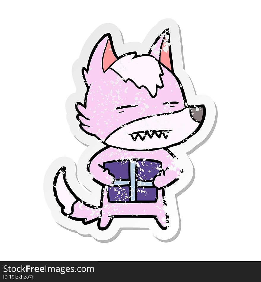 distressed sticker of a cartoon wolf with a gift