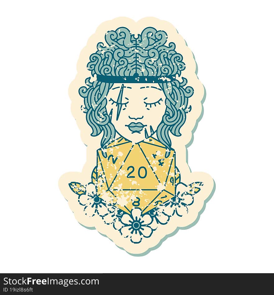 grunge sticker of a human barbarian with natural twenty dice roll. grunge sticker of a human barbarian with natural twenty dice roll