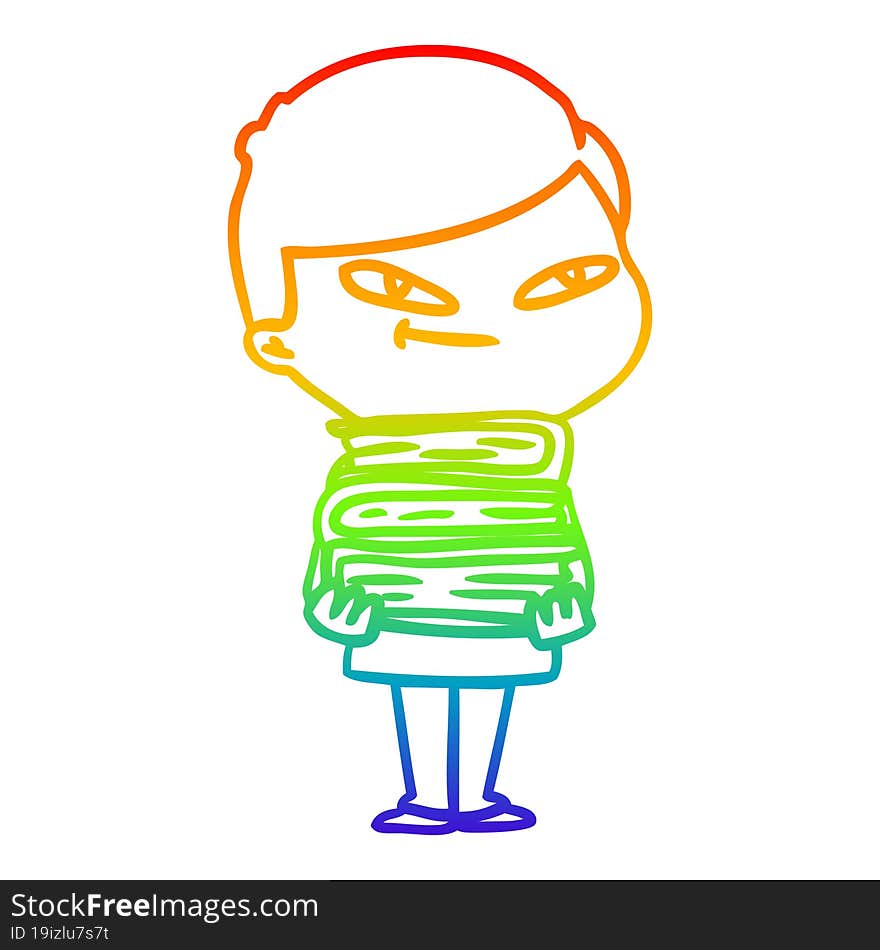 rainbow gradient line drawing of a cartoon boy with books