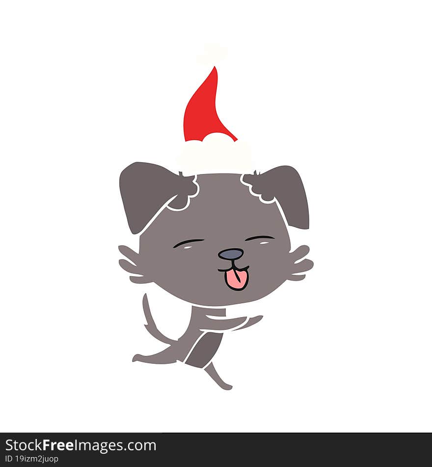 flat color illustration of a dog sticking out tongue wearing santa hat