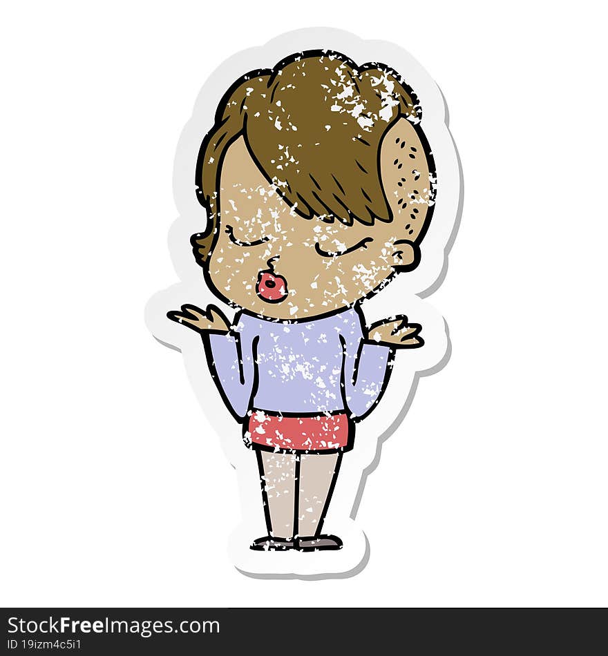 distressed sticker of a cartoon pretty hipster girl