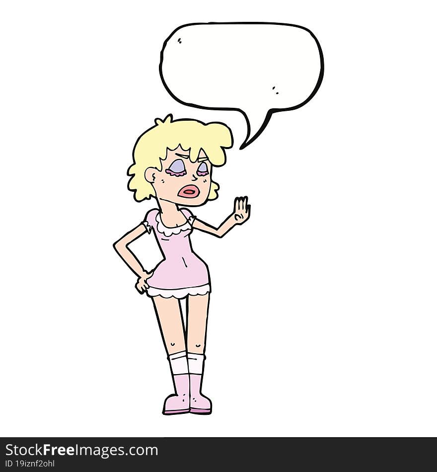 cartoon woman making dismissive gesture with speech bubble