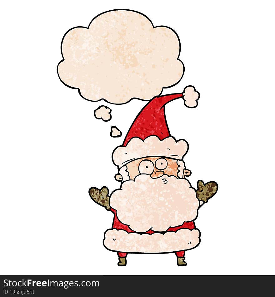 cartoon confused santa claus and thought bubble in grunge texture pattern style