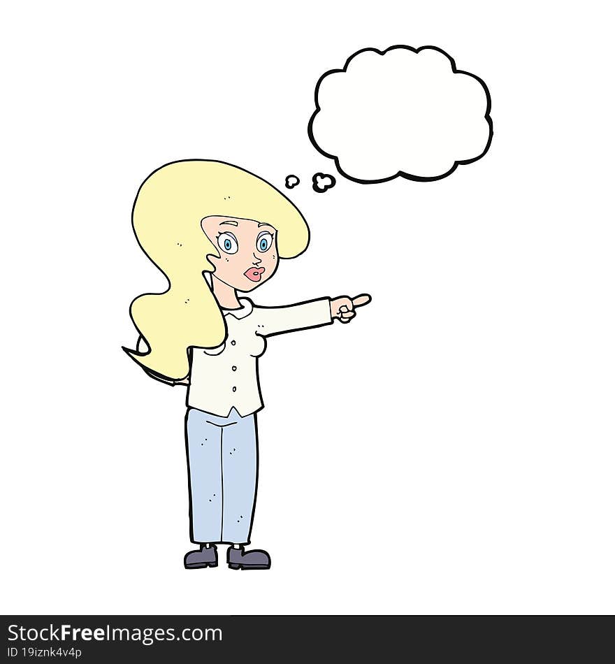 Cartoon Pretty Woman Pointing With Thought Bubble