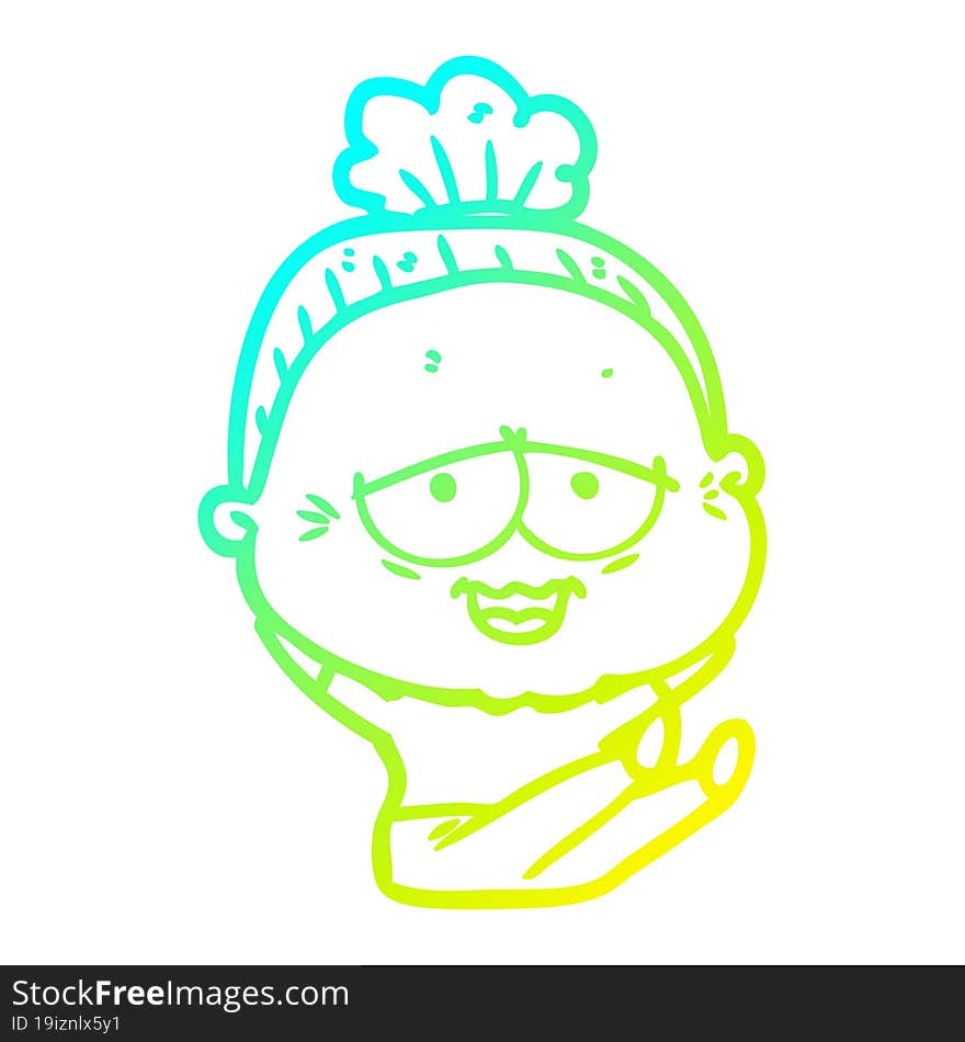 cold gradient line drawing of a cartoon happy old lady