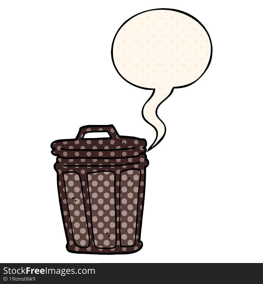 cartoon trash can with speech bubble in comic book style