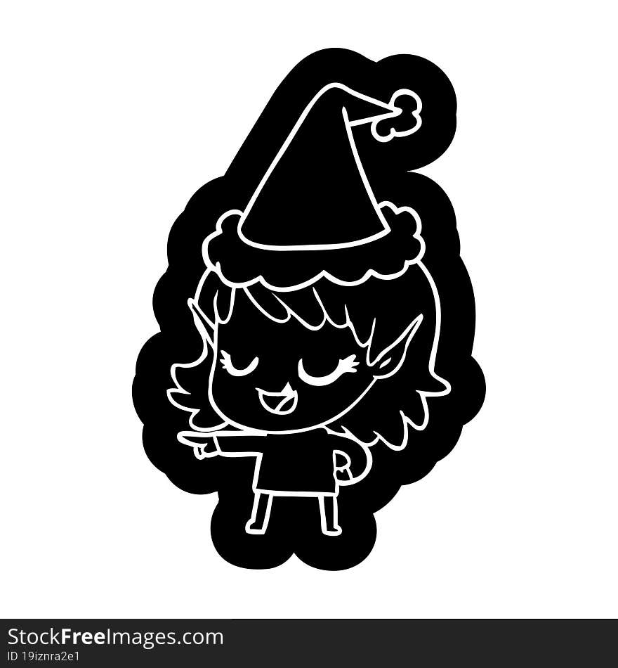 happy cartoon icon of a elf girl pointing wearing santa hat