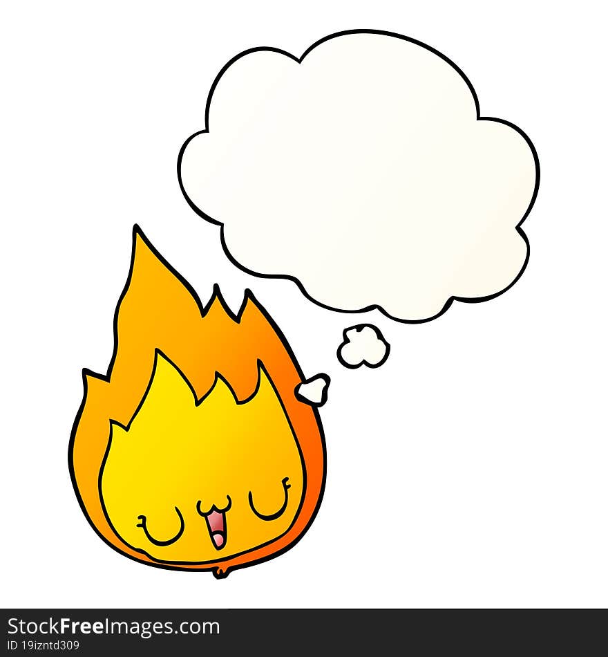 cartoon flame with face and thought bubble in smooth gradient style