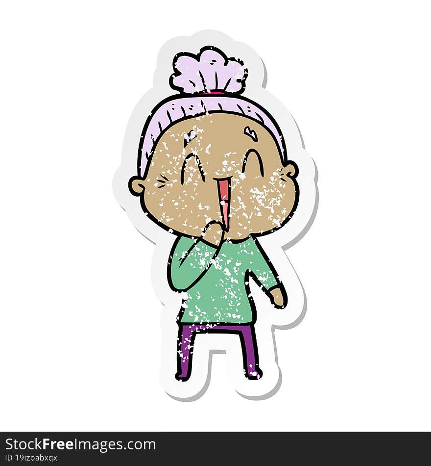 distressed sticker of a cartoon happy old lady