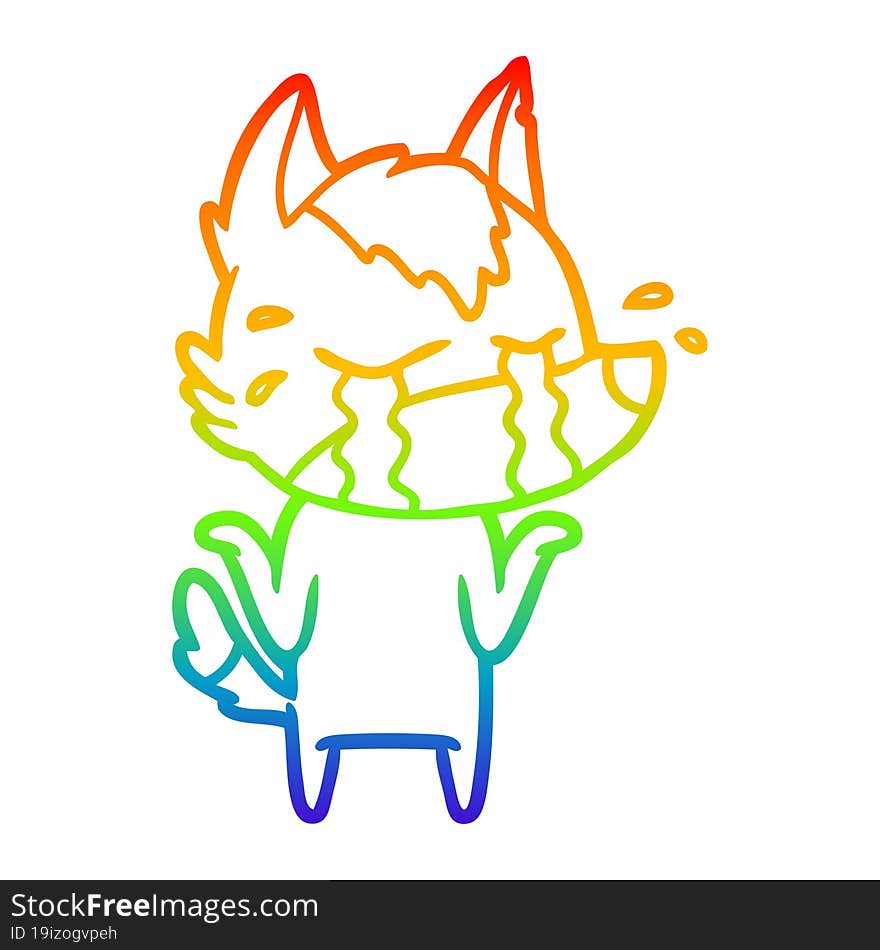 rainbow gradient line drawing of a cartoon crying wolf