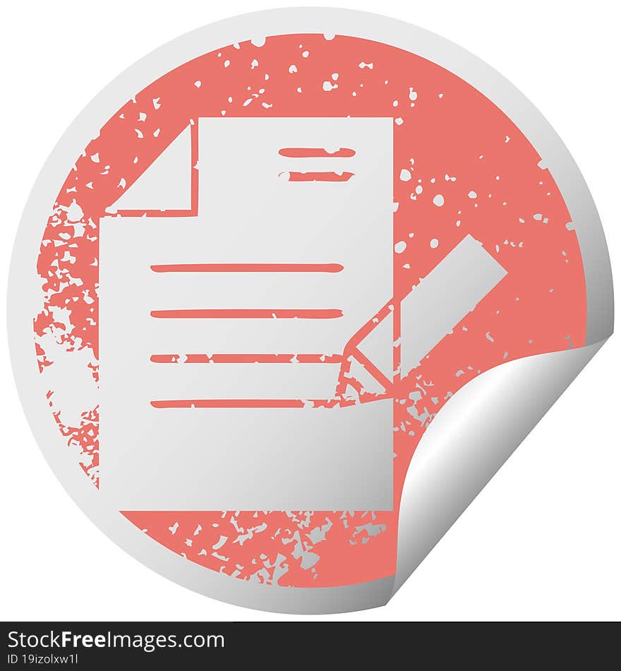 distressed circular peeling sticker symbol of writing a document