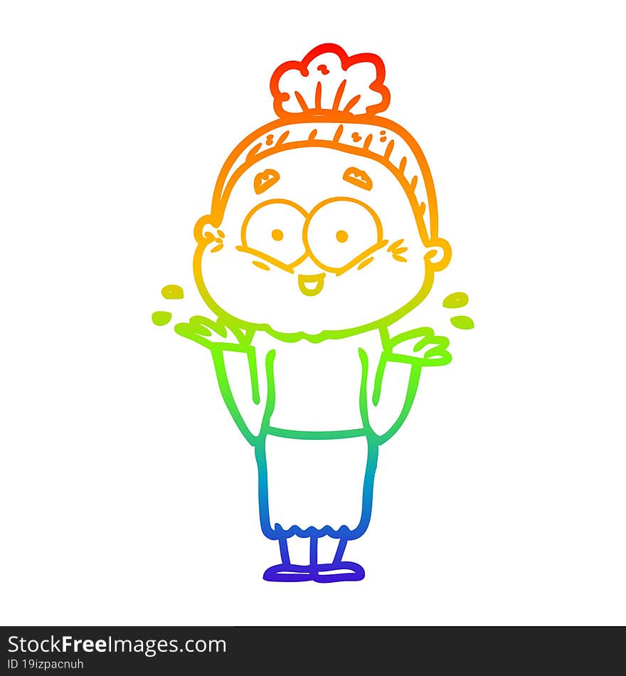 rainbow gradient line drawing of a cartoon happy old woman