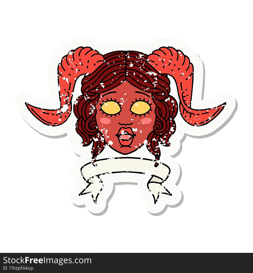 Retro Tattoo Style tiefling character face with scroll banner. Retro Tattoo Style tiefling character face with scroll banner