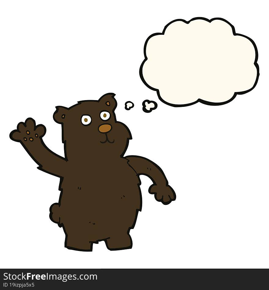 cartoon waving black bear with thought bubble