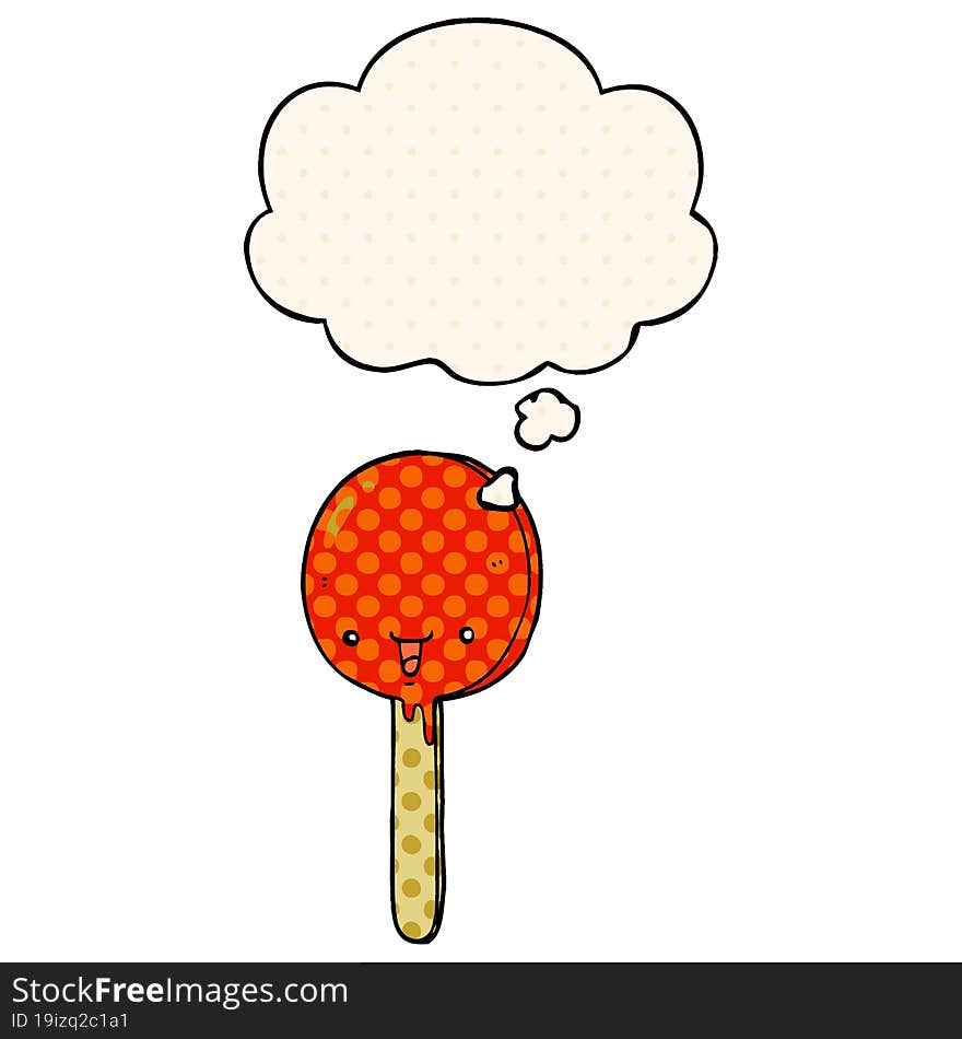 cartoon candy lollipop and thought bubble in comic book style