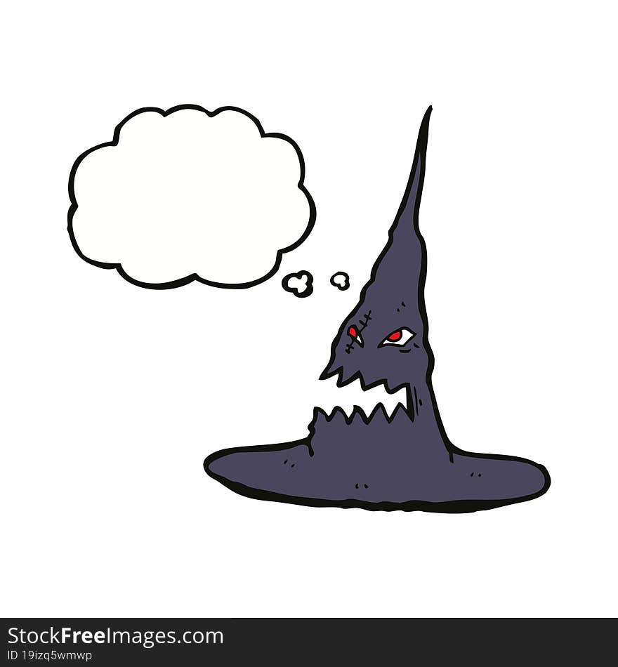 cartoon spooky witches hat with thought bubble