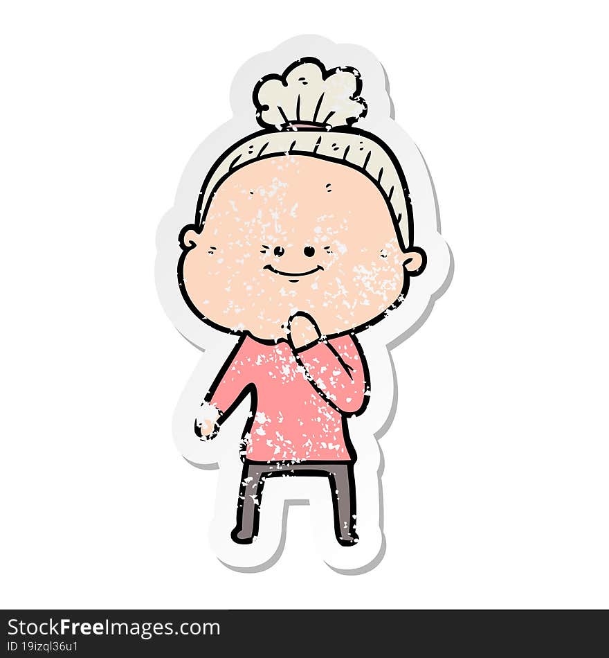 distressed sticker of a cartoon happy old woman