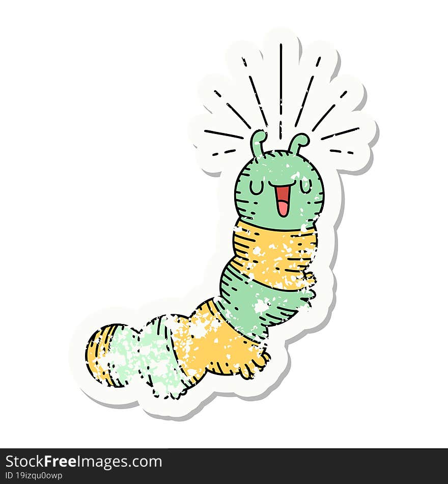 grunge sticker of tattoo style happy caterpillar