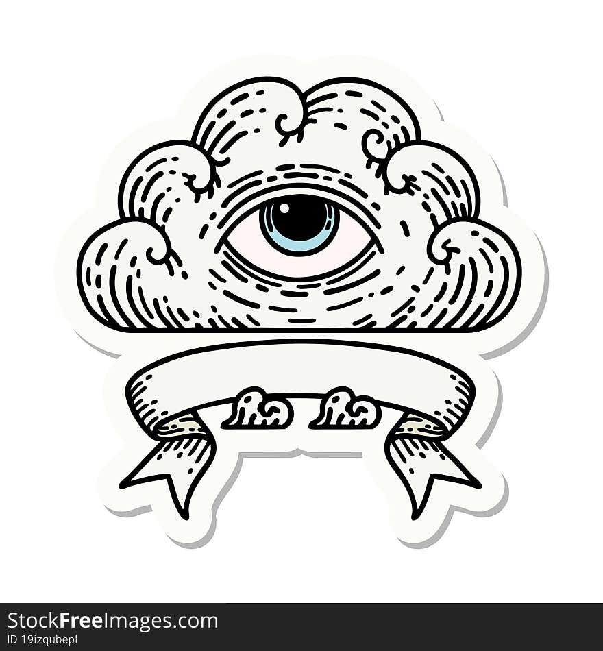 tattoo style sticker with banner of an all seeing eye cloud