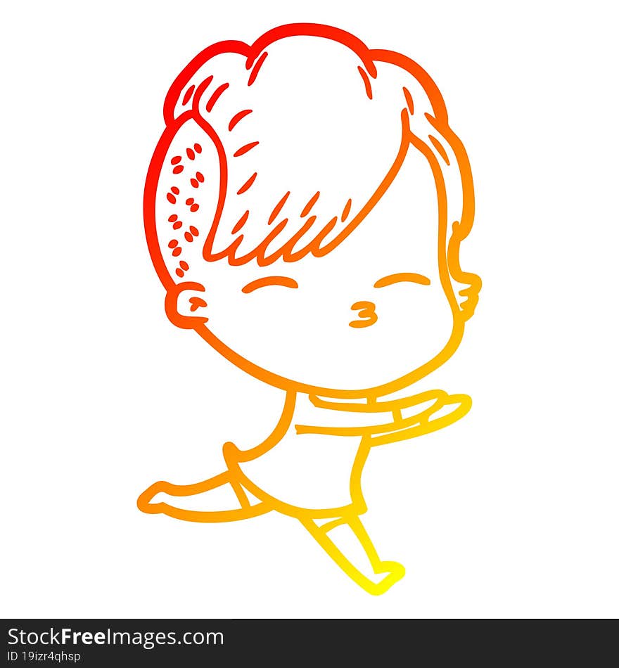 Warm Gradient Line Drawing Cartoon Squinting Girl Running