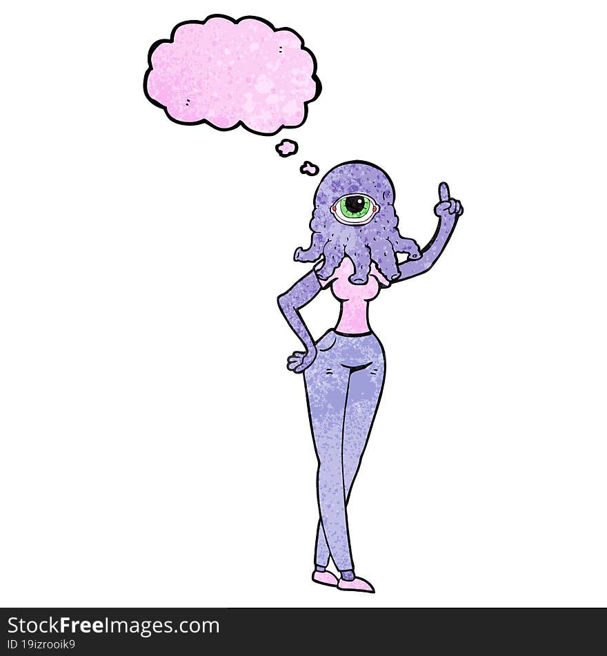 freehand drawn thought bubble textured cartoon female alien with raised hand