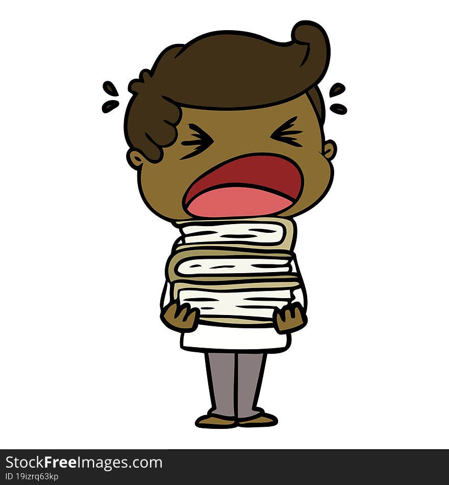 cartoon shouting man with stack of books. cartoon shouting man with stack of books