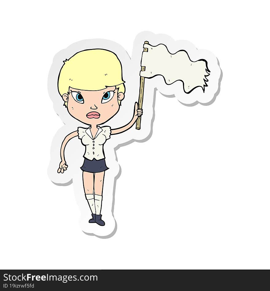 sticker of a cartoon woman waving white flag