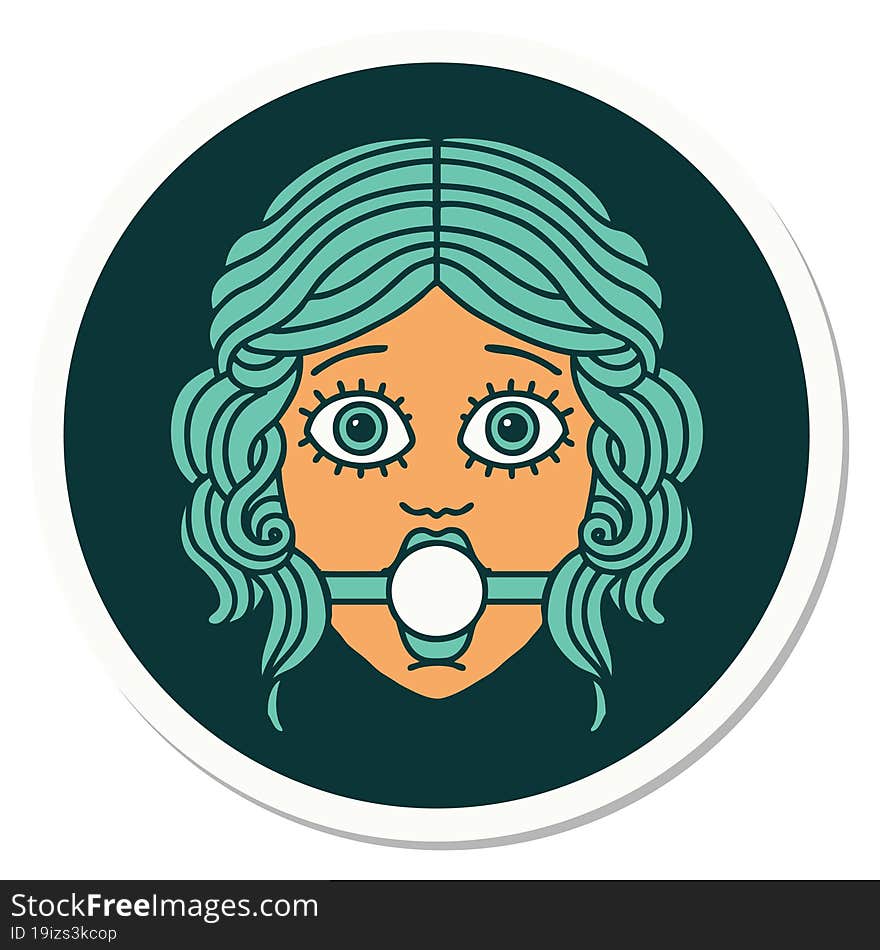 tattoo style sticker of female face with ball gag