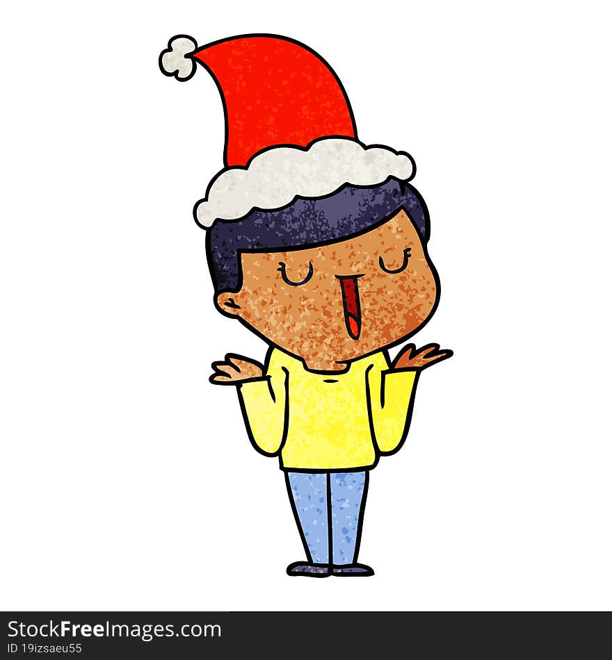 hand drawn textured cartoon of a happy boy with no worries wearing santa hat