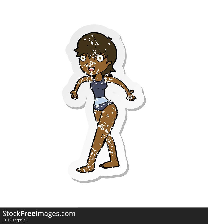 Retro Distressed Sticker Of A Cartoon Happy Woman In Swimming Costume