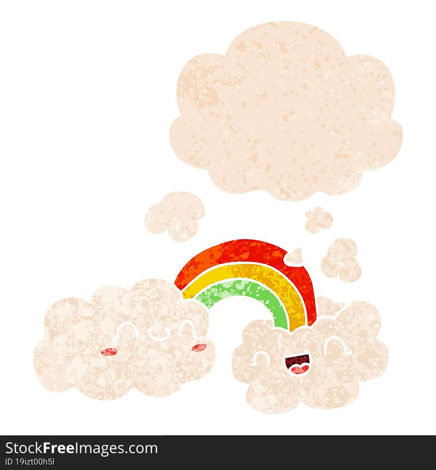 happy cartoon clouds and rainbow and thought bubble in retro textured style