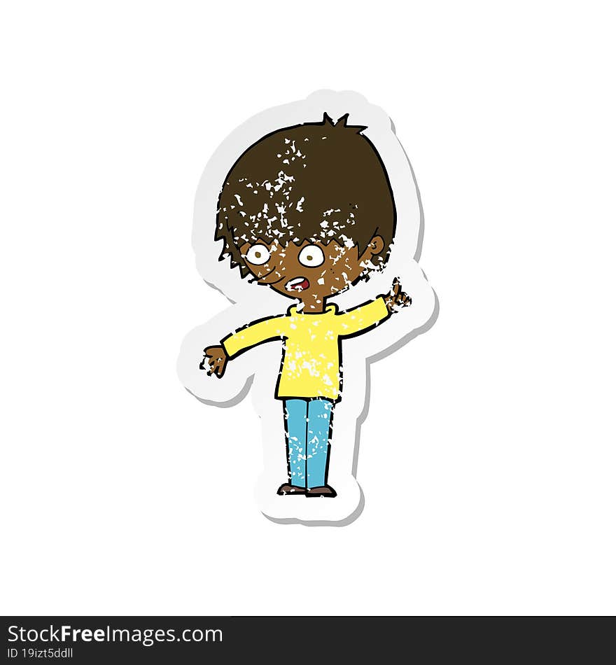 retro distressed sticker of a cartoon boy with question