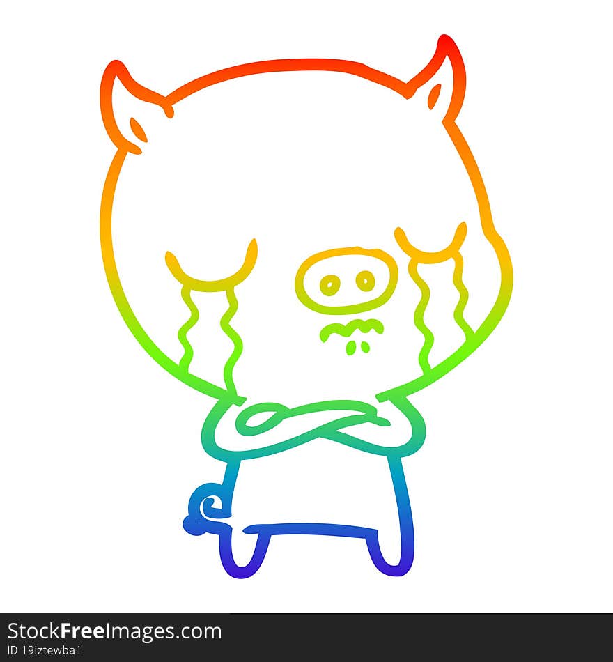 rainbow gradient line drawing of a cartoon pig crying