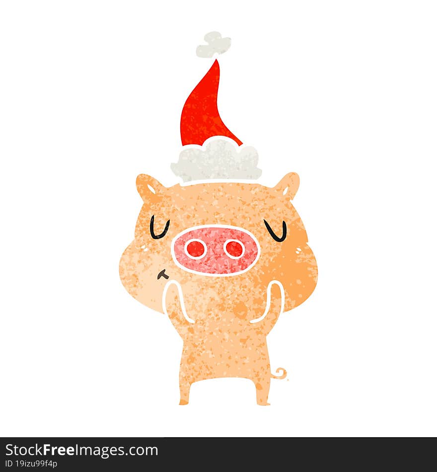 retro cartoon of a content pig wearing santa hat