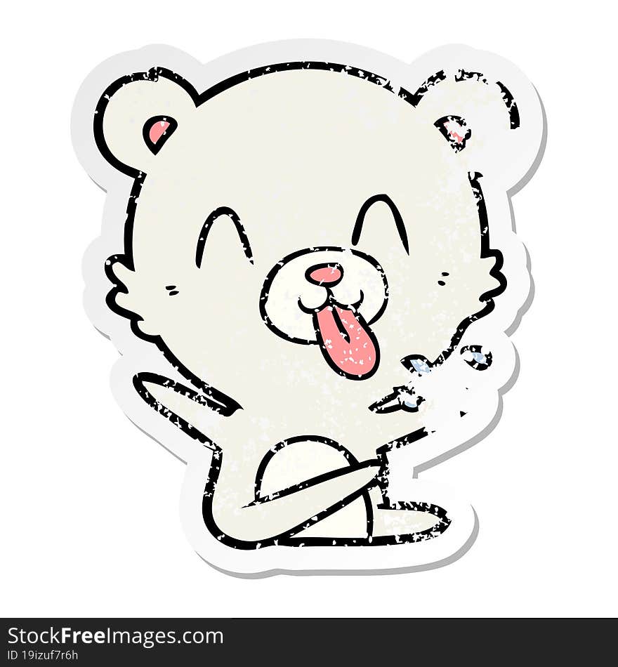 distressed sticker of a rude cartoon polar bear sticking out tongue