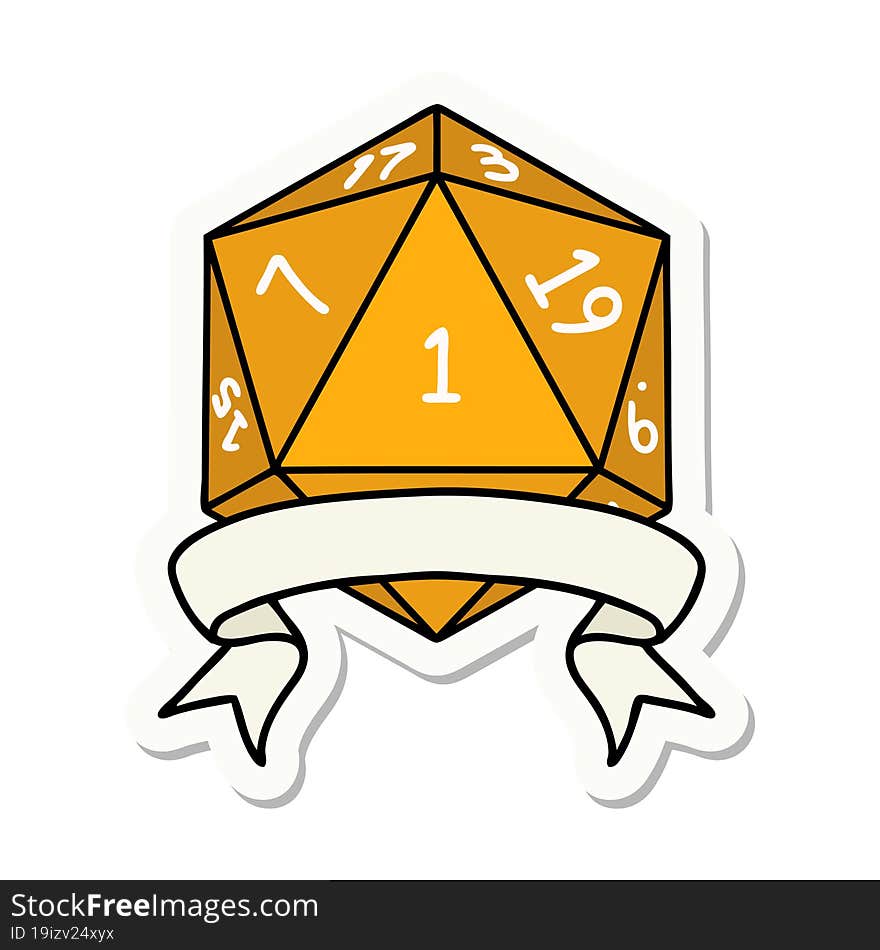 sticker of a natural one d20 dice roll. sticker of a natural one d20 dice roll