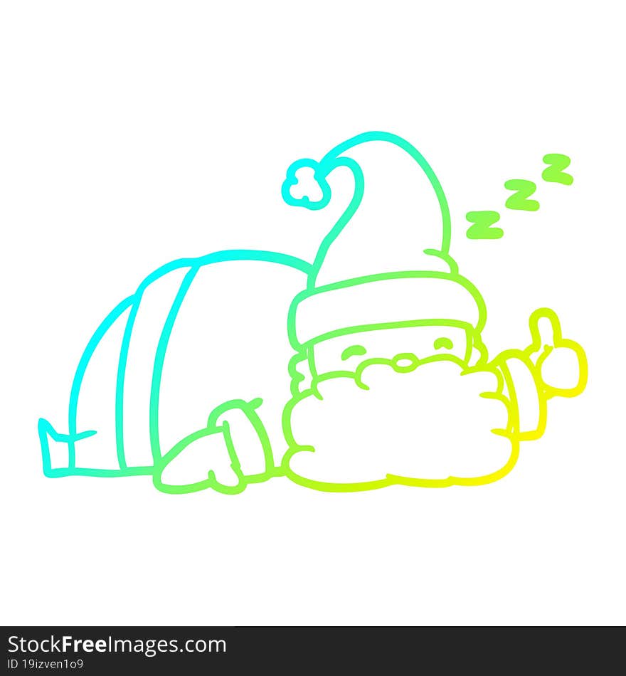 cold gradient line drawing of a sleepy santa giving thumbs up symbol