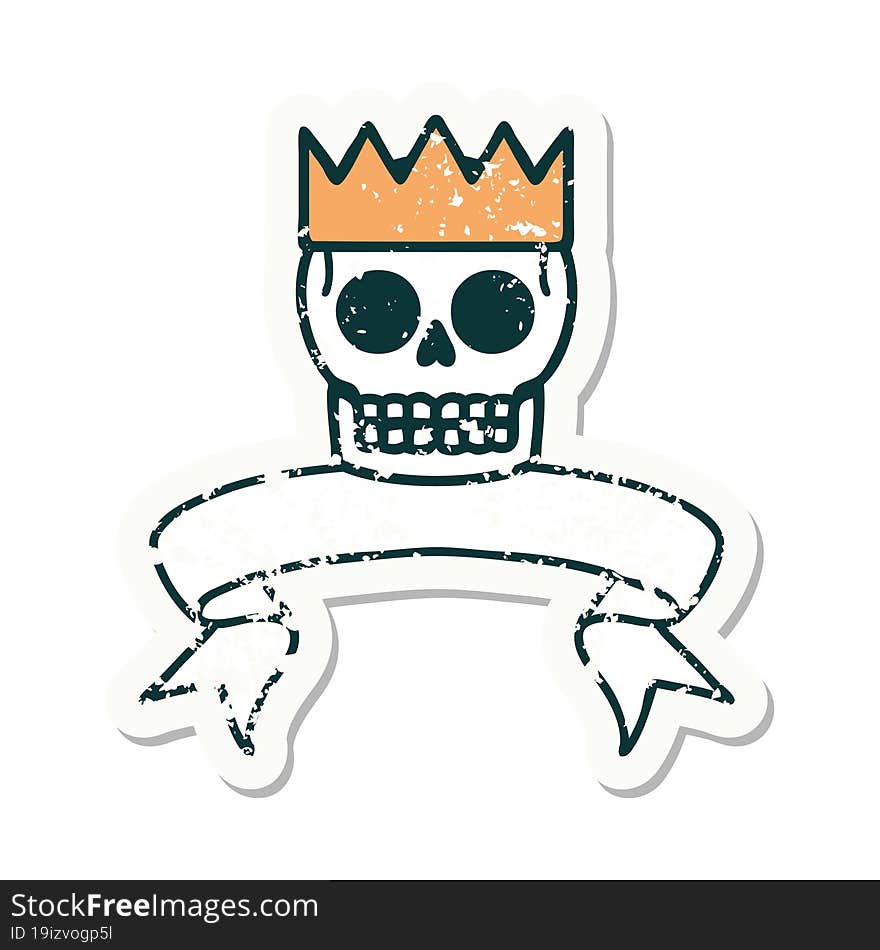 grunge sticker with banner of a skull and crown