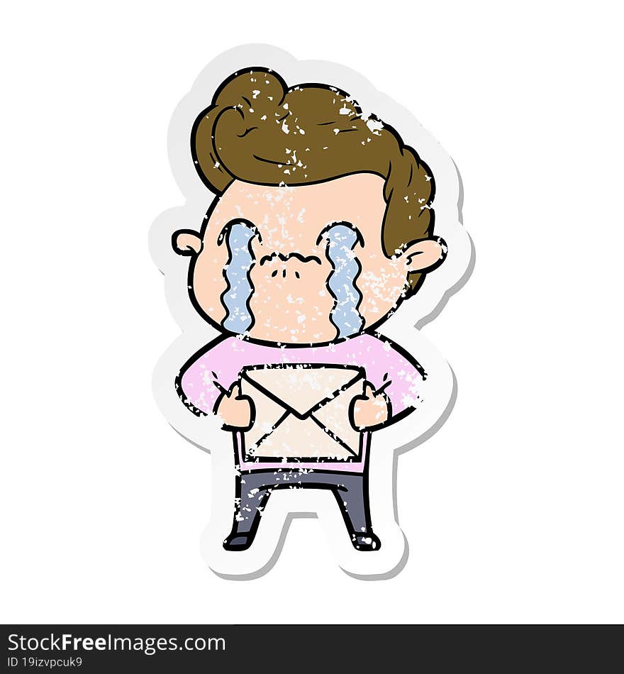 distressed sticker of a cartoon man crying