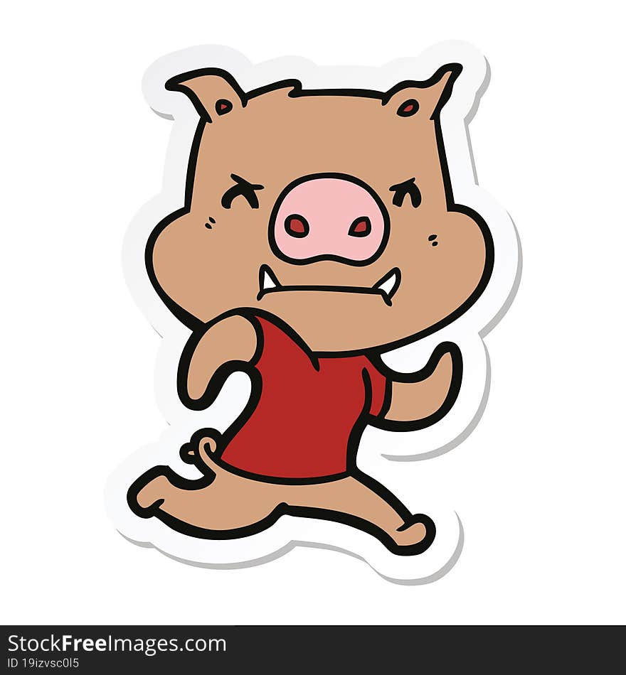 Sticker Of A Angry Cartoon Pig Running