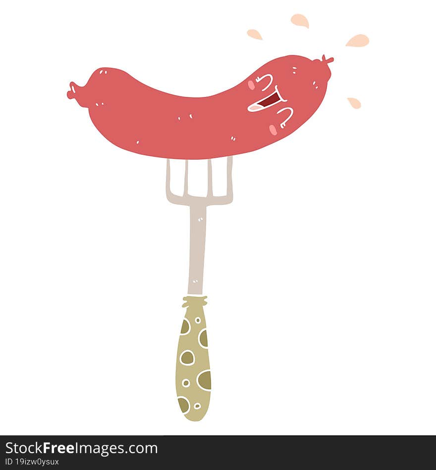 Flat Color Style Cartoon Happy Sausage On Fork