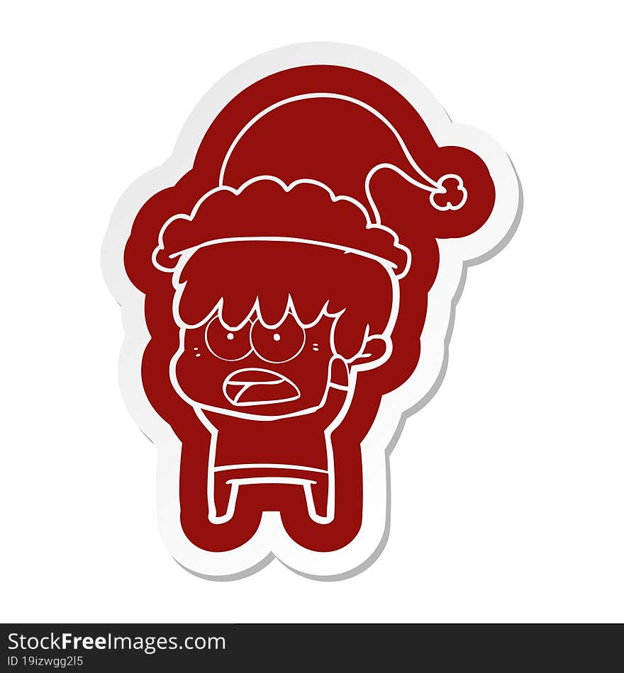 worried cartoon  sticker of a boy wearing santa hat