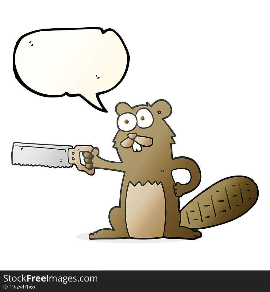 freehand drawn speech bubble cartoon beaver with saw