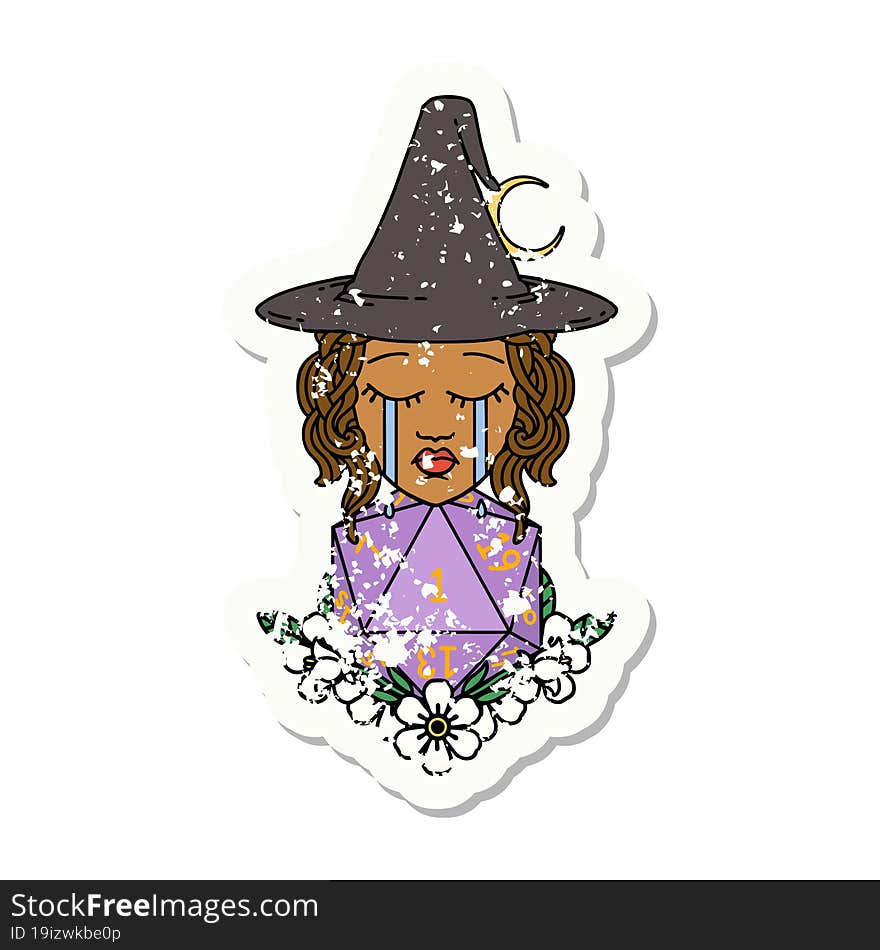 crying human witch with natural one D20 dice roll illustration