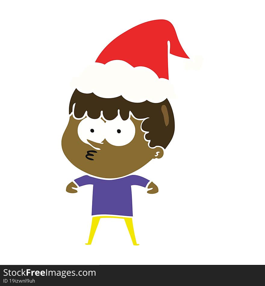 flat color illustration of a curious boy wearing santa hat